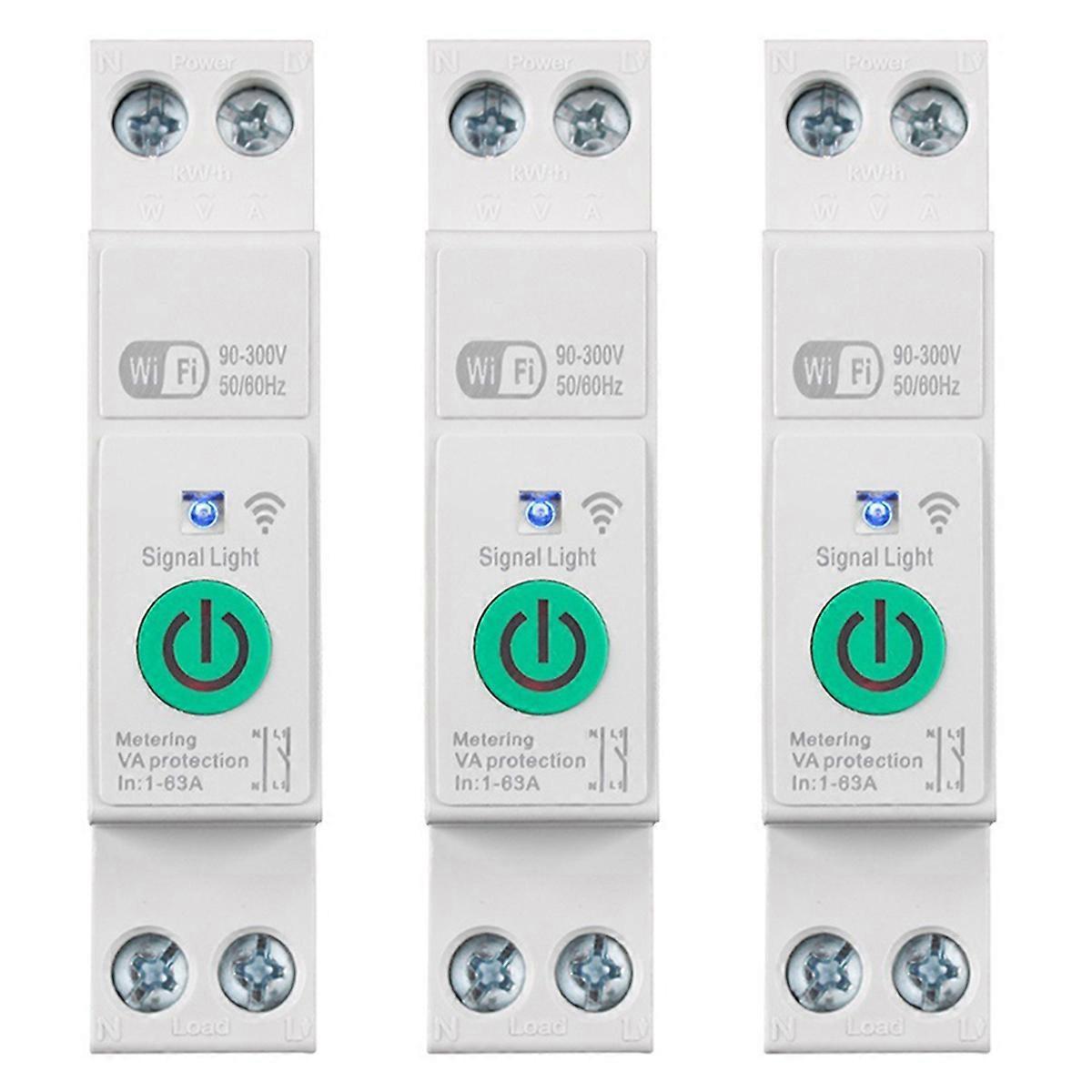 3X Tuya WiFi Smart Circuit Breaker 1P+N 63A Din Rail Switch with Electricity Statistics Remote Voice