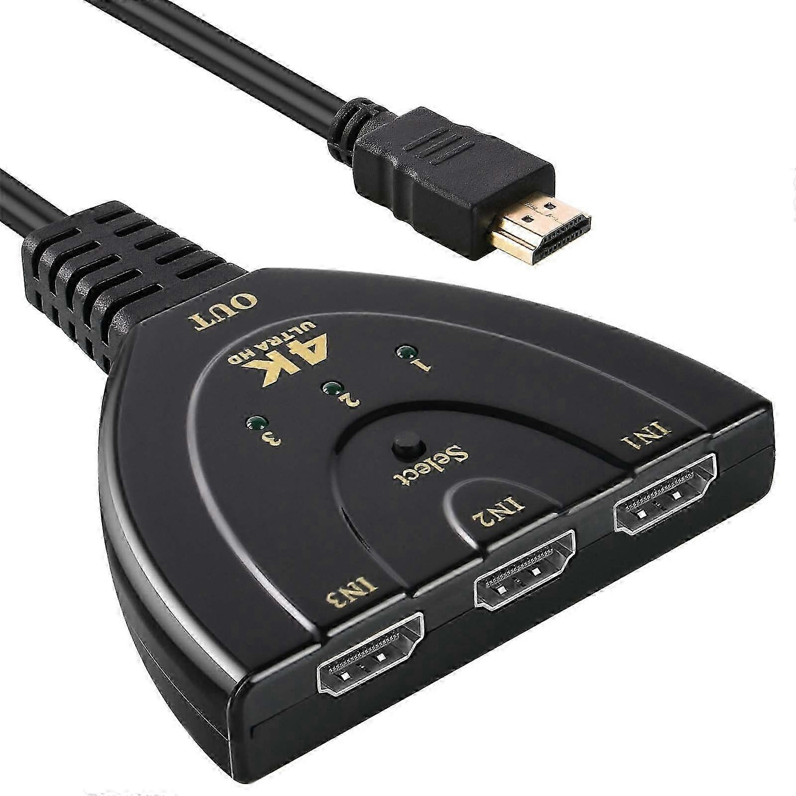 4K HDMI Switch - 3-Port HDMI Switcher Splitter with High-Speed Cable, Supports 4K@60Hz, 3D, HD1080p, Compatible with Xbox PS3/4/5