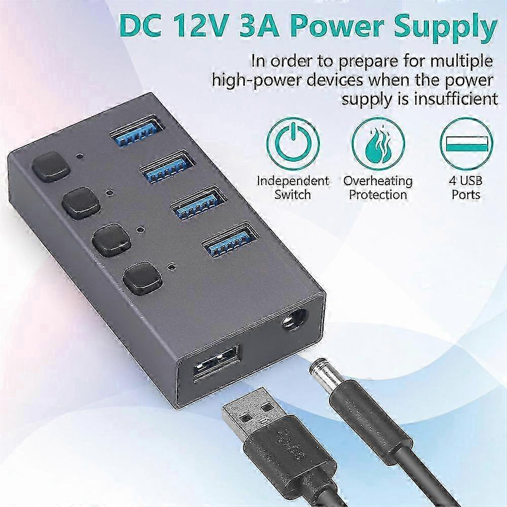 4 Port USB 3.0 Multi Hub Splitter High Speed ON/OFF Switch for Desktop Laptop PC