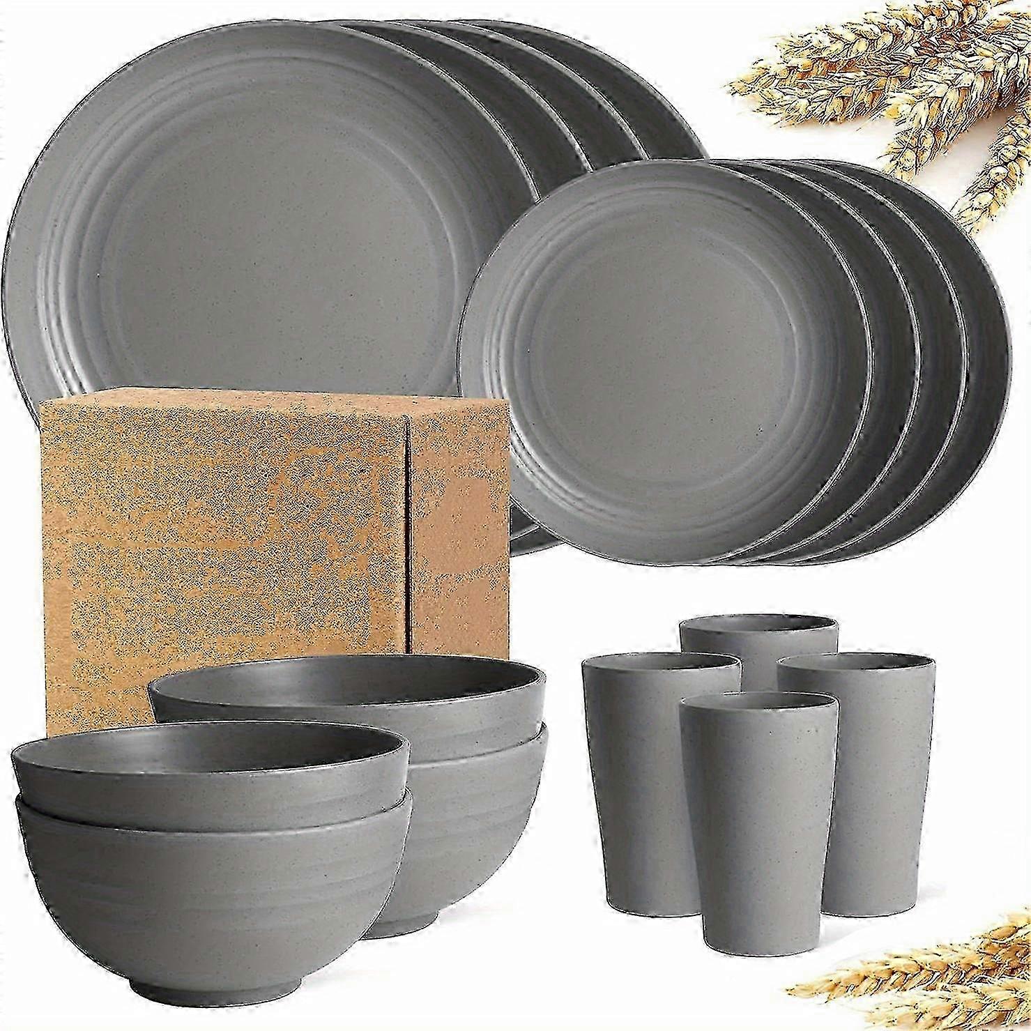 16pcs Unbreakable Wheat Straw Dinnerware Sets, Reusable Tableware Set, Lightweight Microwave Dishwasher Safe, Plates, Cups, Bowls For RV Camping