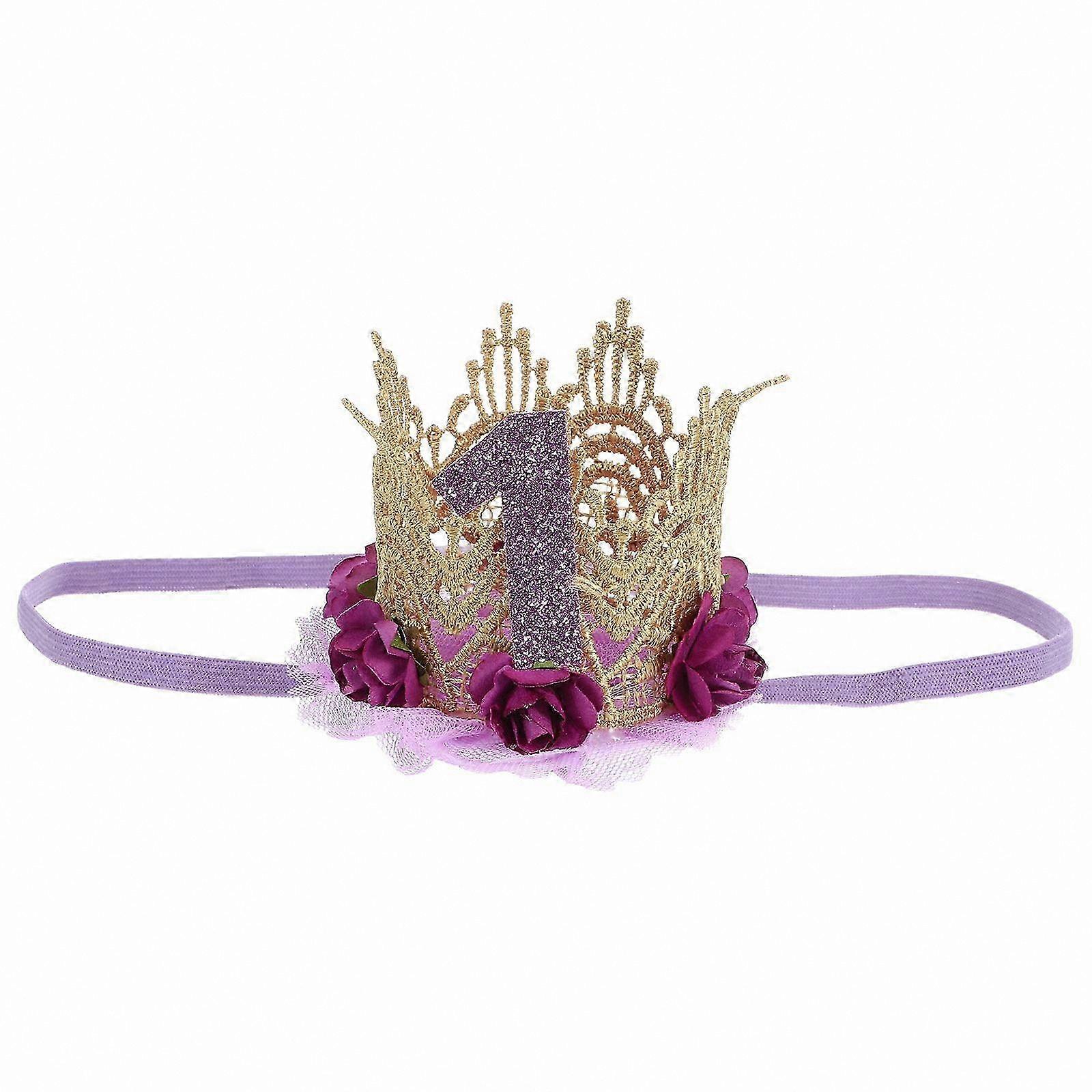 First Birthday Crown for Baby Girl with Rose Flower Lace Mesh Headdress Party Hat Photo Prop Hair Accessory Headband Supplies