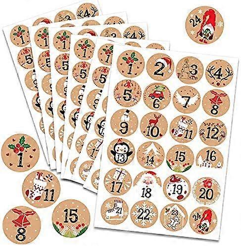 HOWAF 192pcs Christmas Advent Stickers 1-24, Round Kraft Countdown Stickers DIY Advent Calendar, Gift Sealing, Xmas Party Supplies, 8 Sheets, 4cm
