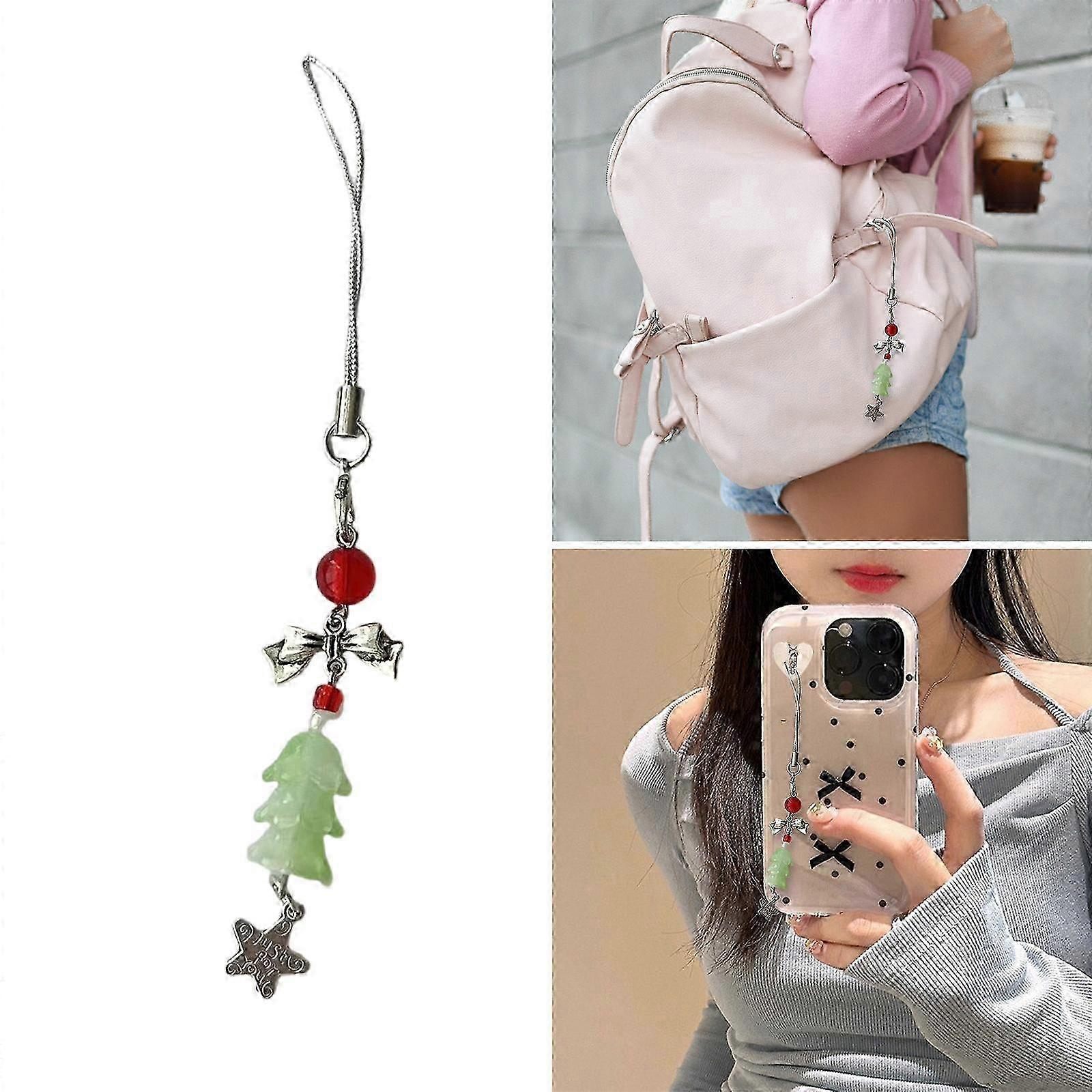 Christmas Tree Pendant Cellphone Strap Colorful Beaded Keychain Handmade Acrylic Keyring for Parties and Daily Wear White