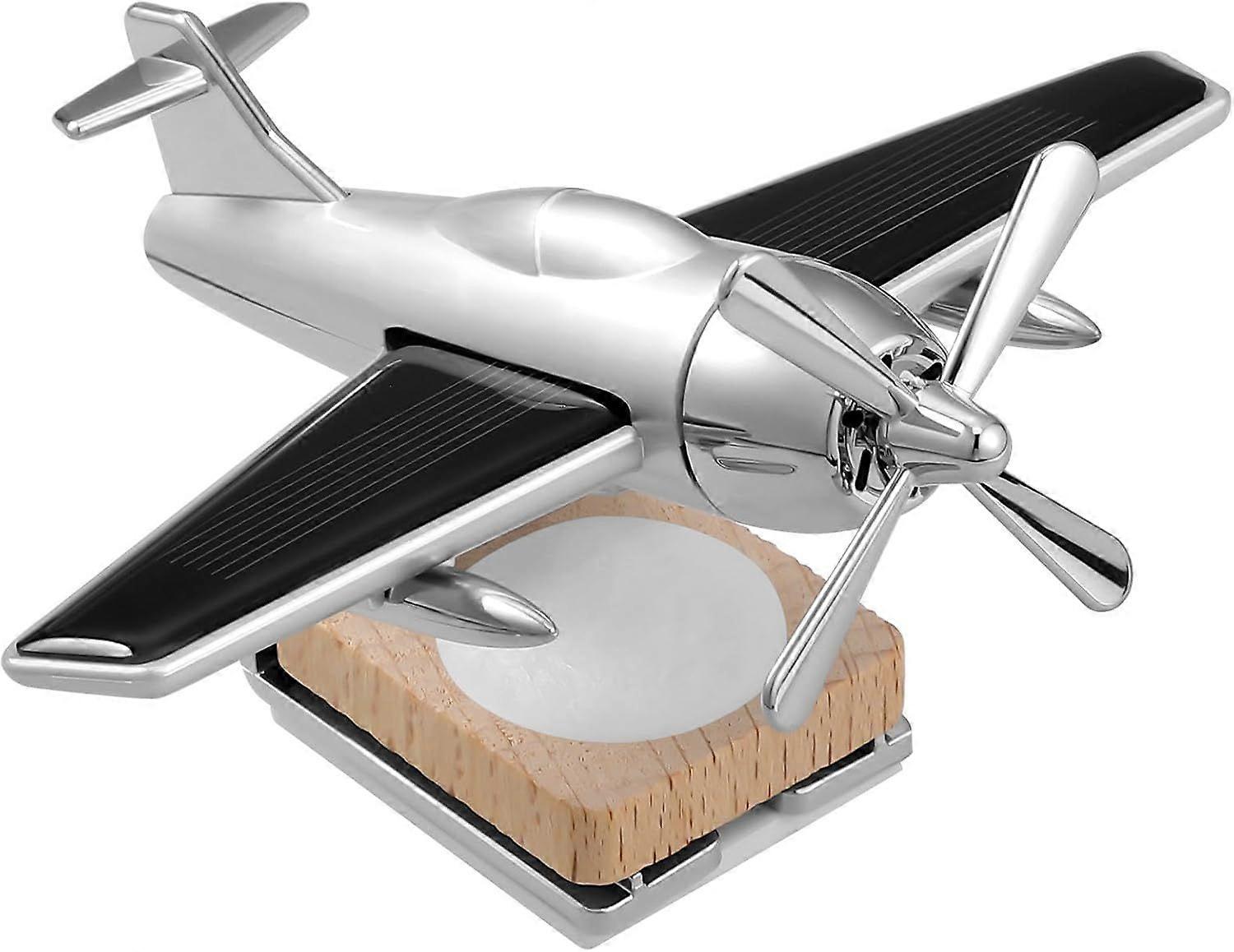 Solar - Powered Airplane Car Diffuser  Wooden Base, Alloy Rotating Ornament for Car/Office/Home