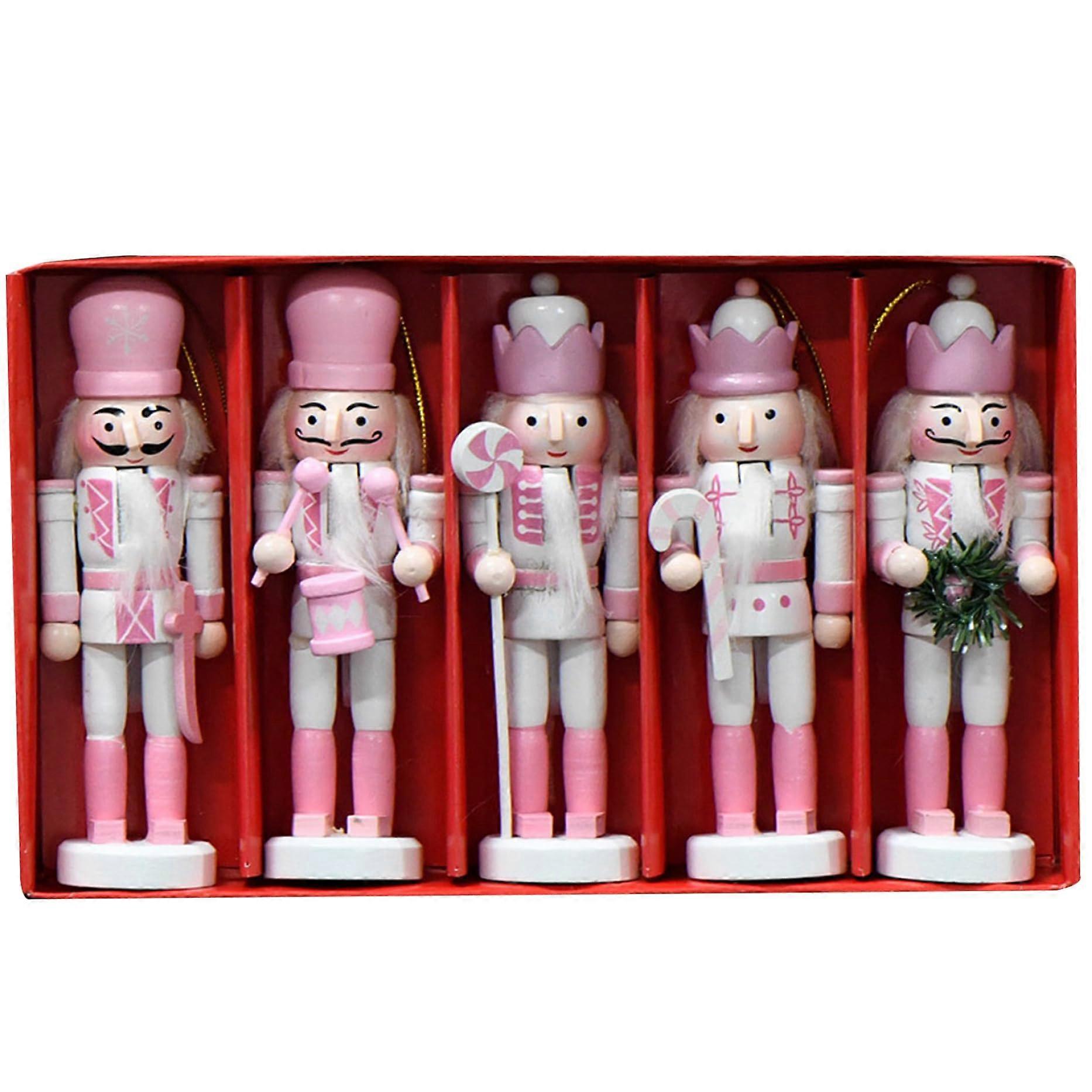 Nutcracker Christmas Decorations 5PCS Wooden Nutcracker Ornaments with Hanging Rope for Tree and Mantel Decor
