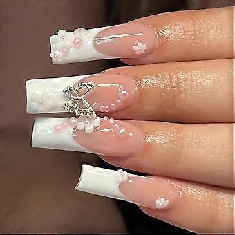 Long Coffin Press on Nails White French Tip with 3D Metal Butterfly Camellia Flower Pearl Charms Designs Full Cover Stick on Nails for Women, Glossy