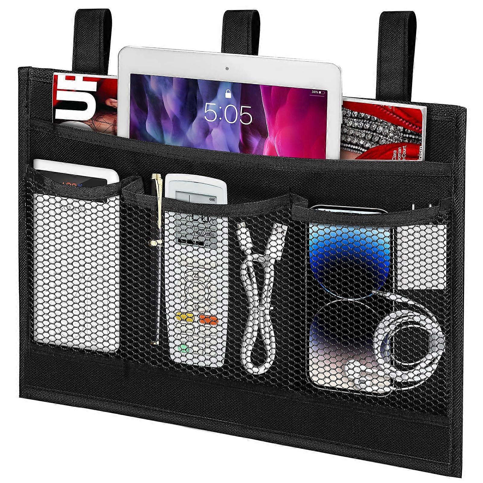 Bedside Storage Organizer with 4 Pockets for Bunk Beds Dorms and Baby Bed Rails, Black Durable Fabric