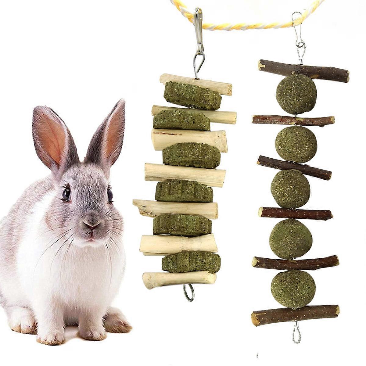 AURORA TRADE 2PCS Bunny Chew Toys, Natural Timothy Grass Ball & Apple Branches Sticks, compatible with Rabbit, Chinchilla, Guinea Pig, Hamster,
