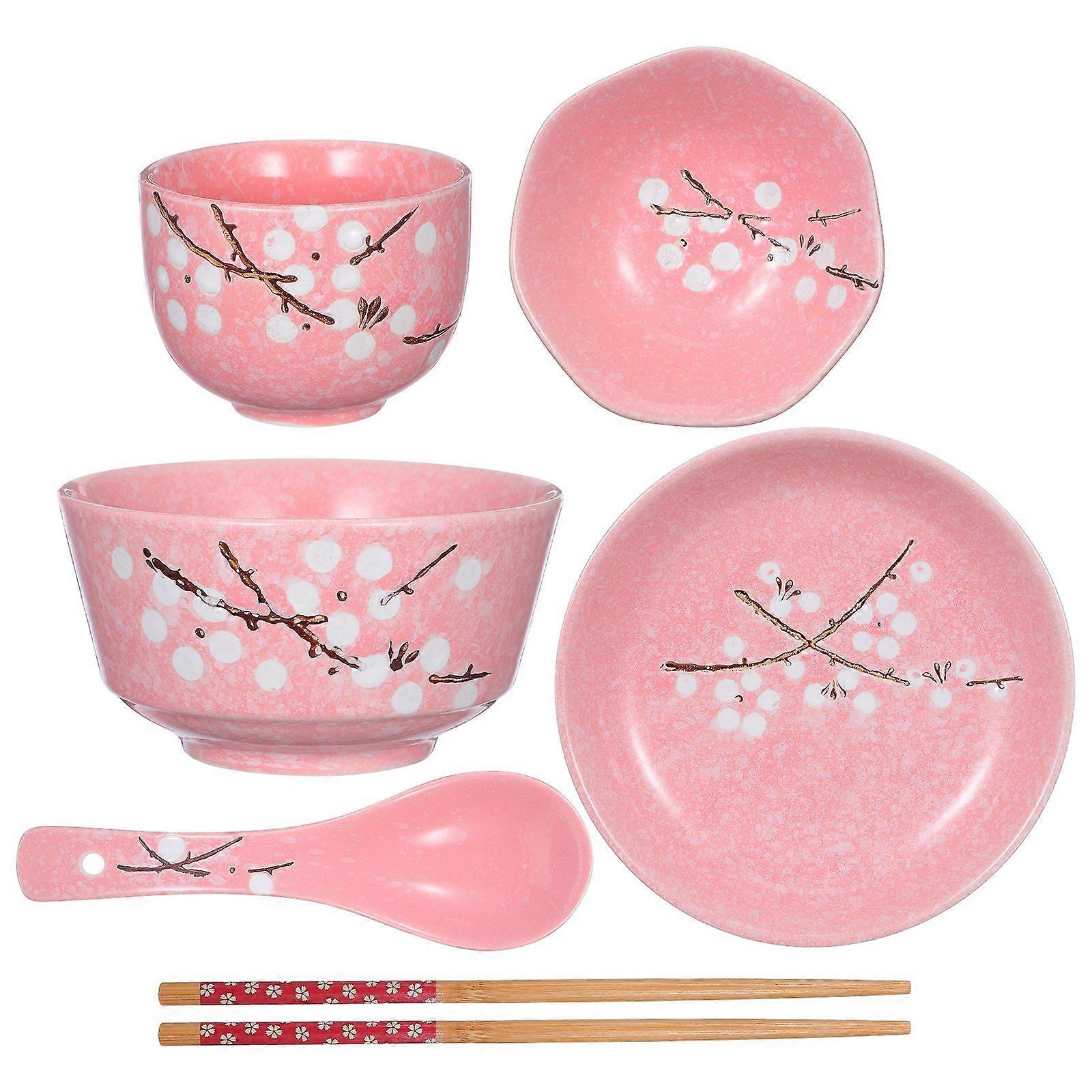 6pcs Japanese Style Ceramic Tableware Set Household Cutlery Creative Ceramic Dinnerware Set (Pink)