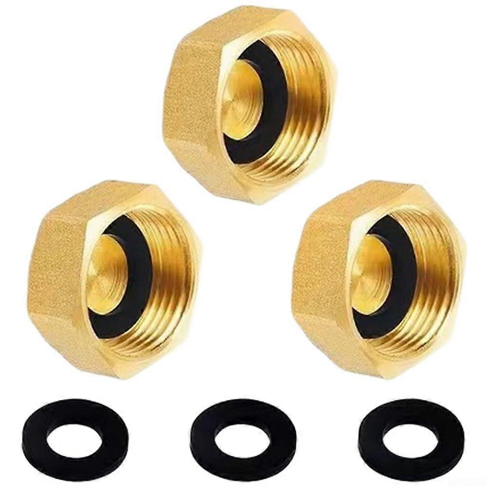 1 Inch Brass Pipe Cap Hexagonal Garden Hose Fitting Leak Proof with Rubber Gasket, 3 Pack