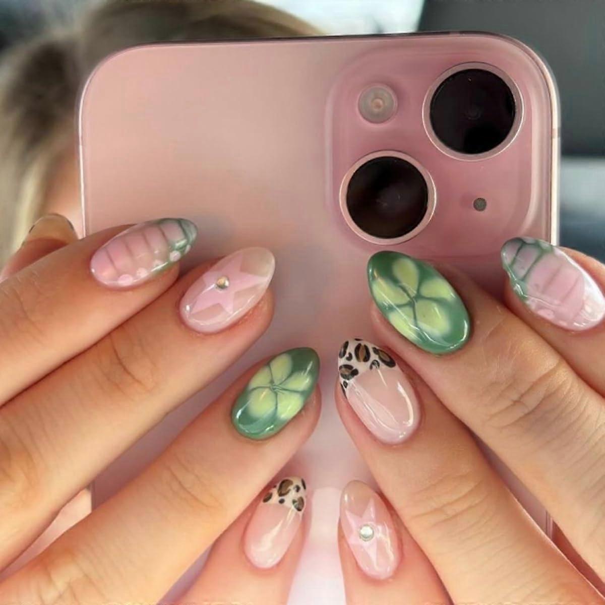 Tortoise Short Almond Press On Nails Glossy Reusable False Nails Multiple Sizes