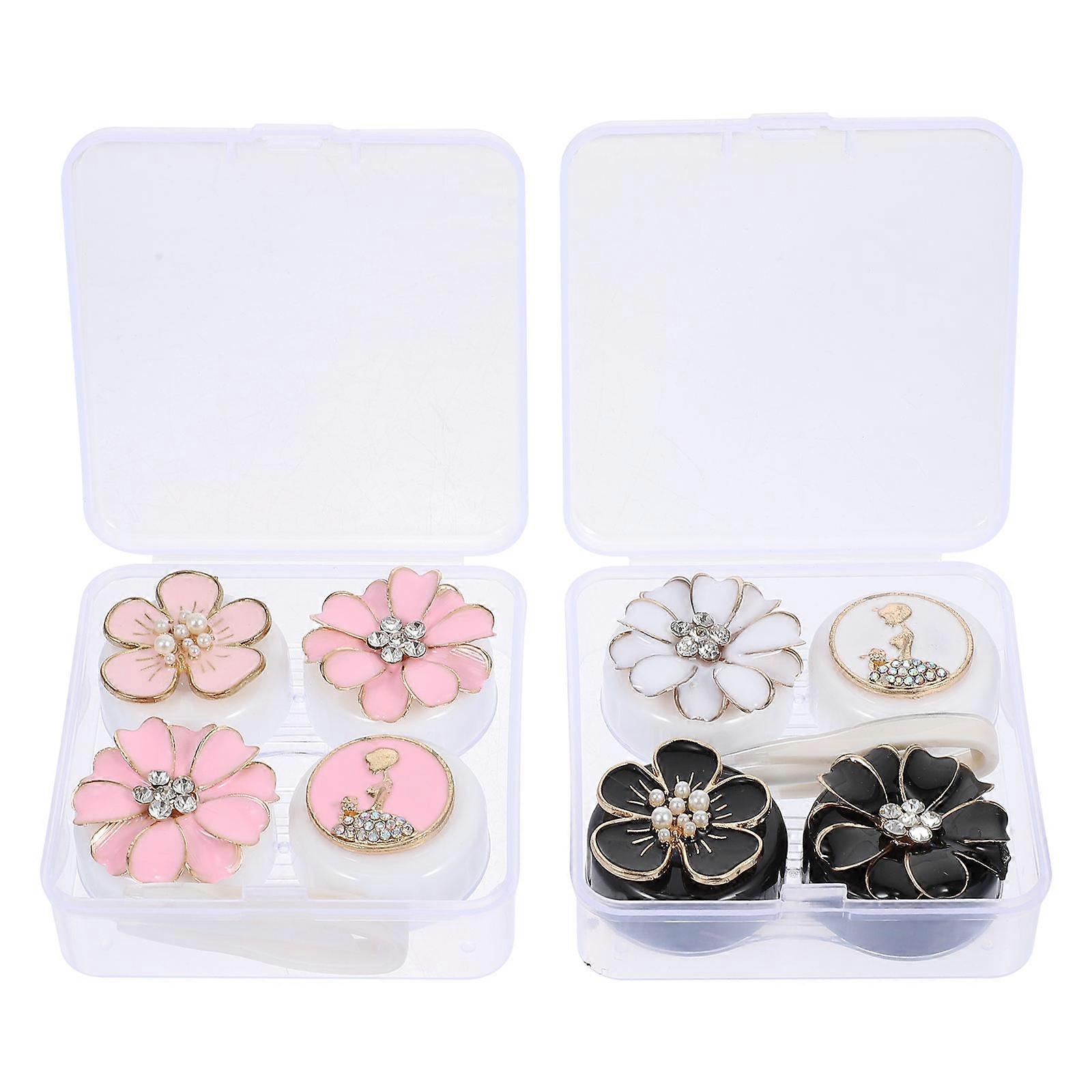 Eye Lens Cases Flower Alloy Boxes for Storage 2Pairs Durable Plastic Containers