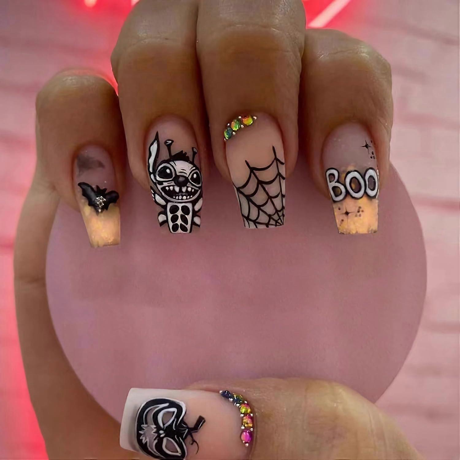 Halloween Coffin Press On Nails with Glue, Gradient Nude Spider Web Design, 24pcs Reusable Set