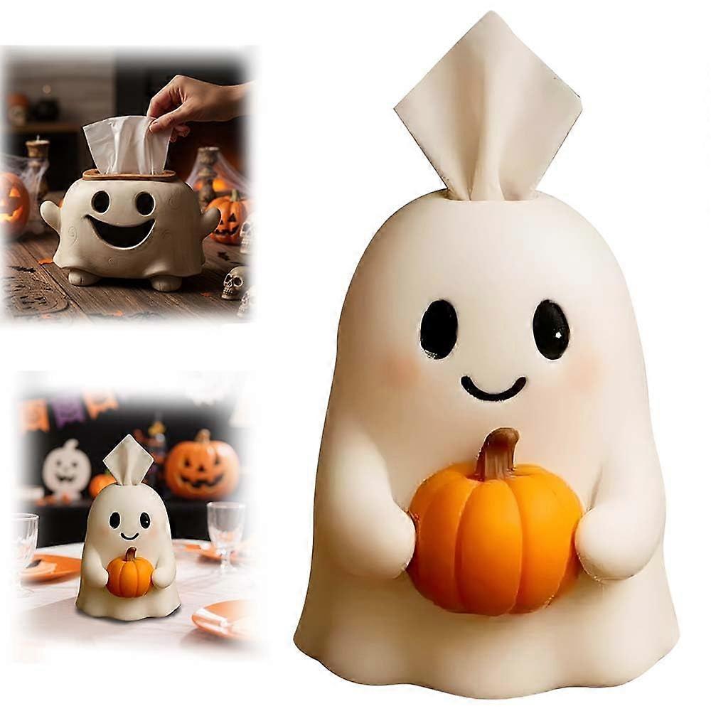 Halloween Tissue Box Cover with Cute Ghost Pumpkin Design, Fits Standard Boxes, 1pc A