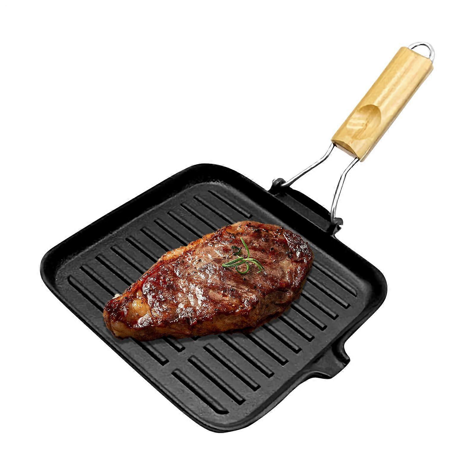 Square Groove Cast Iron Skillet with Foldable HeatResistant Handle for Kitchen and Camping