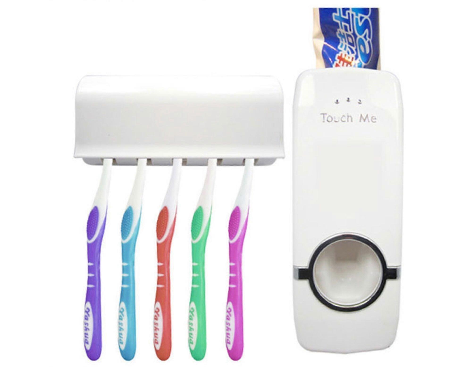 Automatic Toothpaste Dispenser with FiveSlot Toothbrush Holder Wall Mounted for Bathroom White