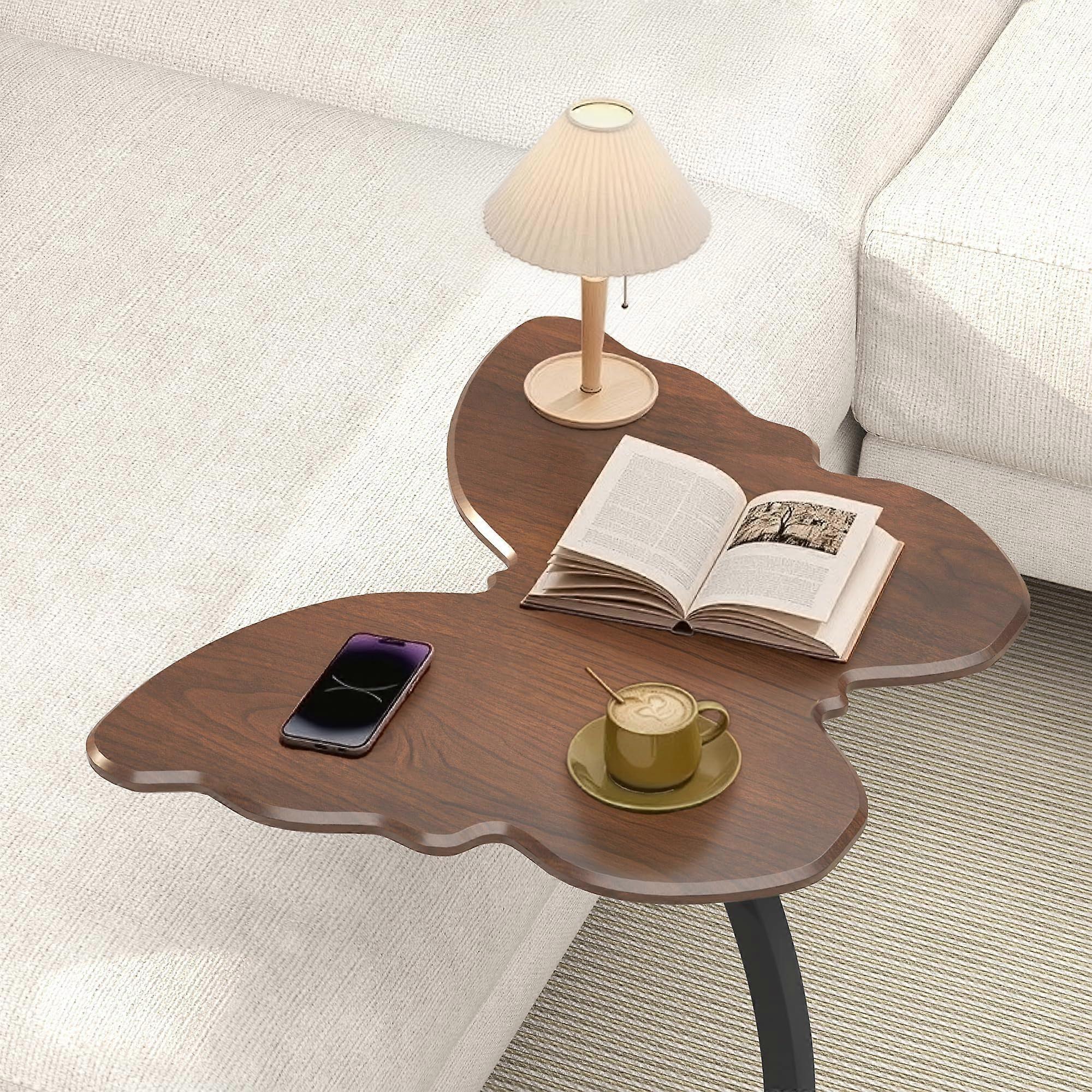 C Shaped Side Table for Couch, SpaceSaving Walnut Small End Table for Living Room and Bedroom