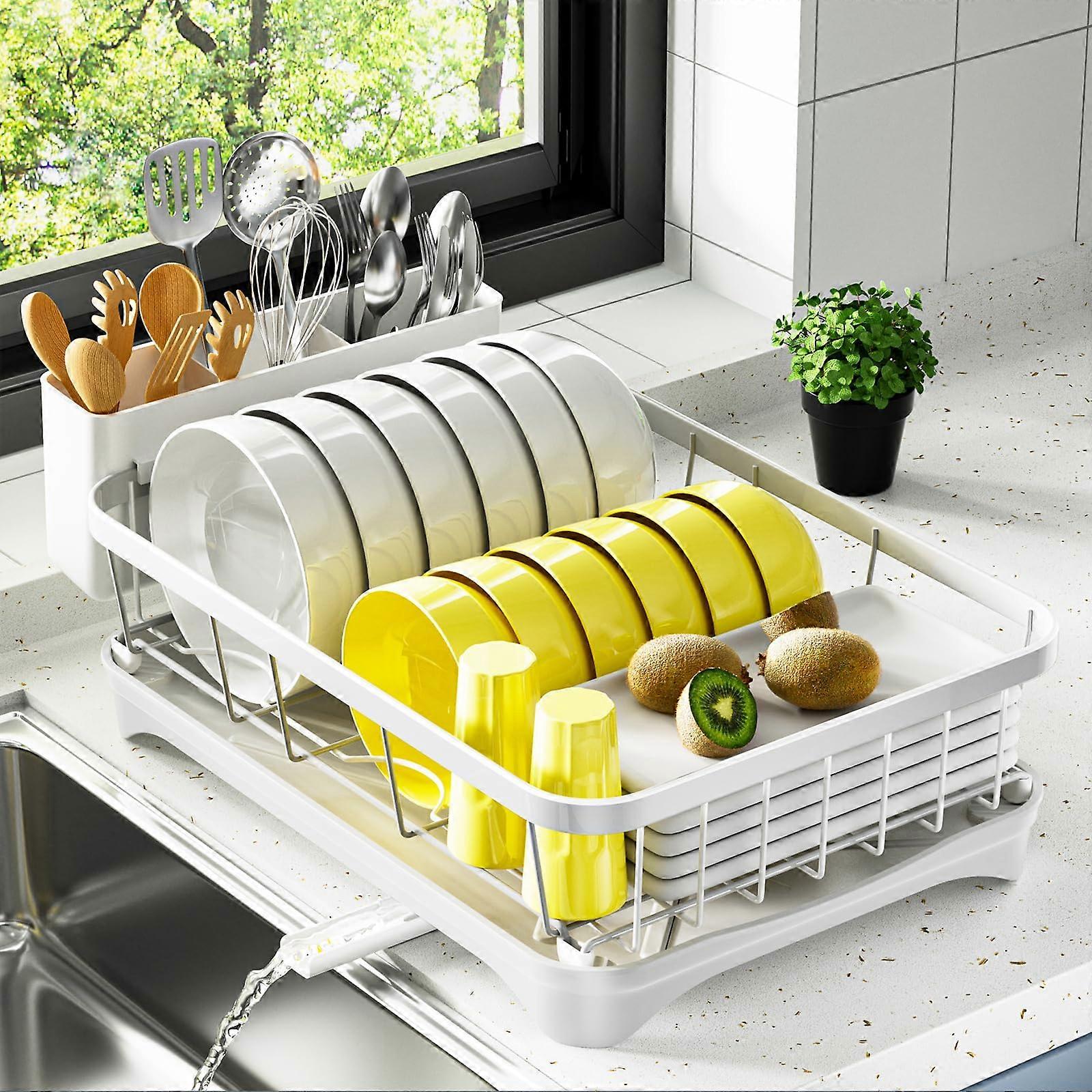 Dish Drying Rack with Utensil Holder, Automatic Drainage, SpaceSaving for Small Kitchens, White