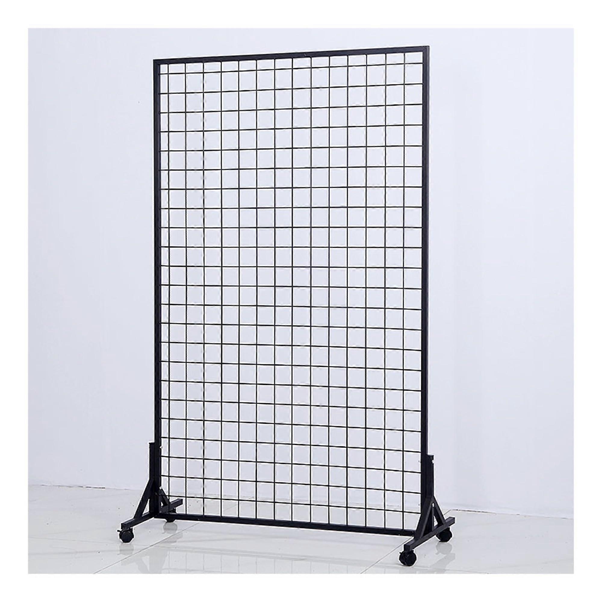 Gridwall Display Stand with Wheels, Black Wire Grid Panel, Triangular Base, Hooks, 47x100CM