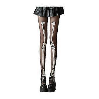 Esqueleto de Halloween Meia-calça Feminina Fantasma Perna Impressão Contraste Cor Brilho à Noite Luminosa Malha Fina Aterrorizante Antiderrapante Cosplay Performance Caveira Thig