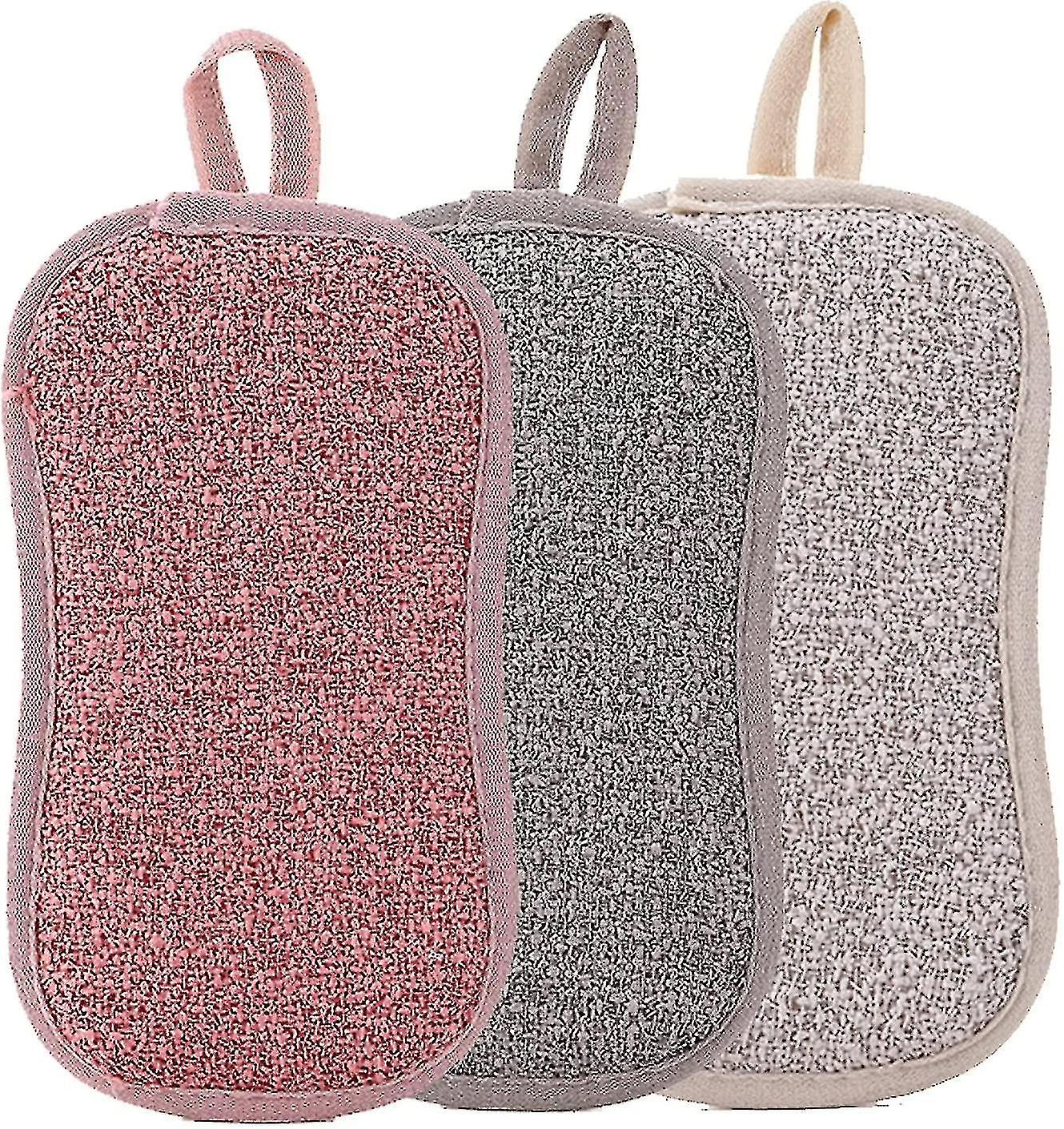 Kit 3 Microfiber Sponges Washable Reusable Dishwashing-double Side Scraping Brush