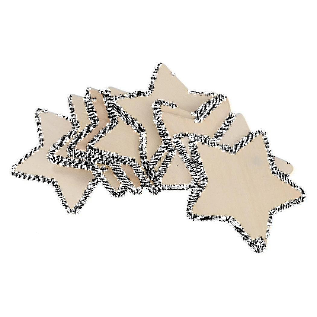 10 X木製の星の形、穴が付いている無地の木のクラフトの札(10cm)