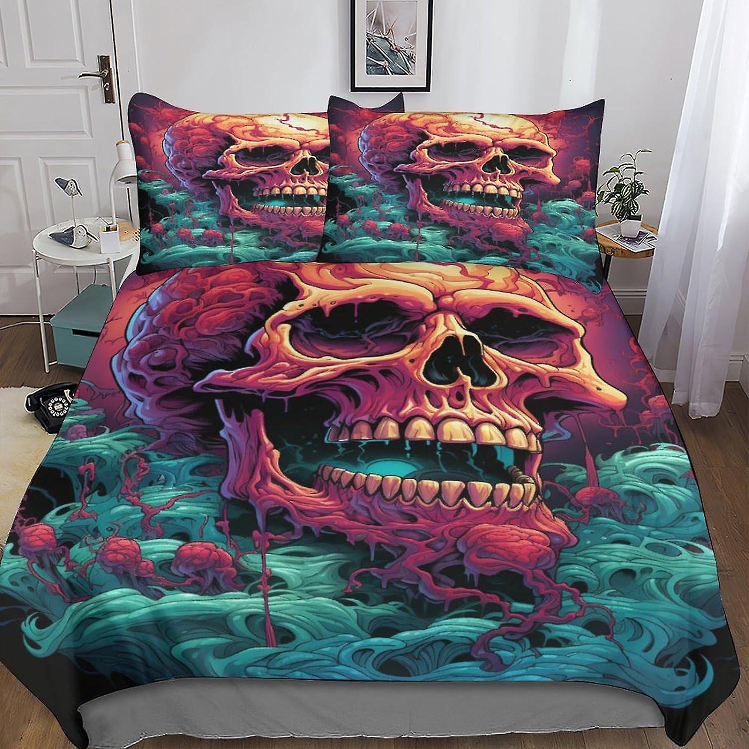 VCLUST Flowers Skull 3D Digital Print Bedding Sets with Pillowcase Duvet Cover Ss Soft Microfiber 3 Piece Set Evil Skeleton Quilt Cover with Zipper Cl