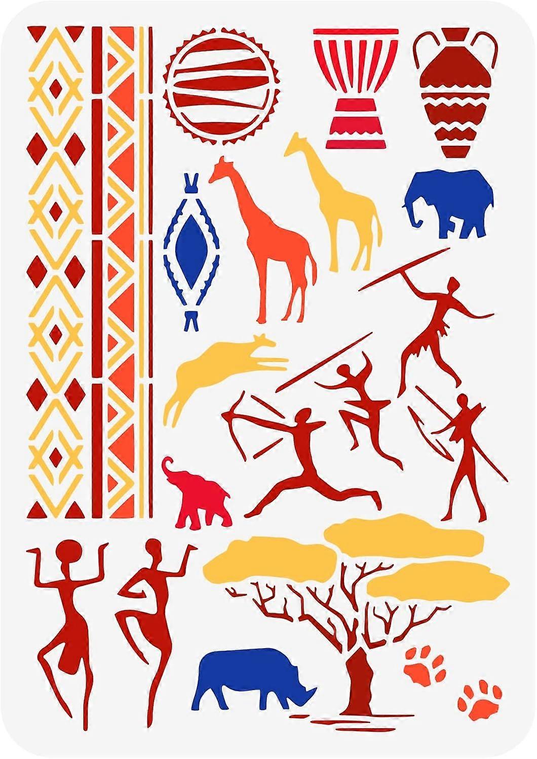 African Tribal Stencil 11.7x8.3 inch Aztec Borders Stencil Plastic Rhinoceros Trees Giraffes Drums Elephants Milk Bottles Pattern Template Reusable Af