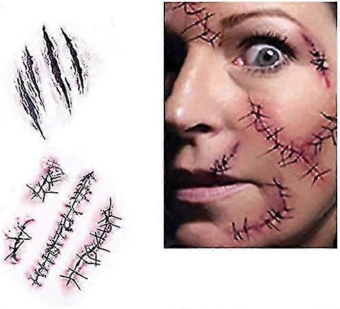 10 أوراق ندبة الوشم مؤقت- غيبوبة حزب الإمدادات الدعائم التنكرية، رعب واقعية وهمية الجرح الدموي غرزة ندبة جرب للماء تاتو مؤقت