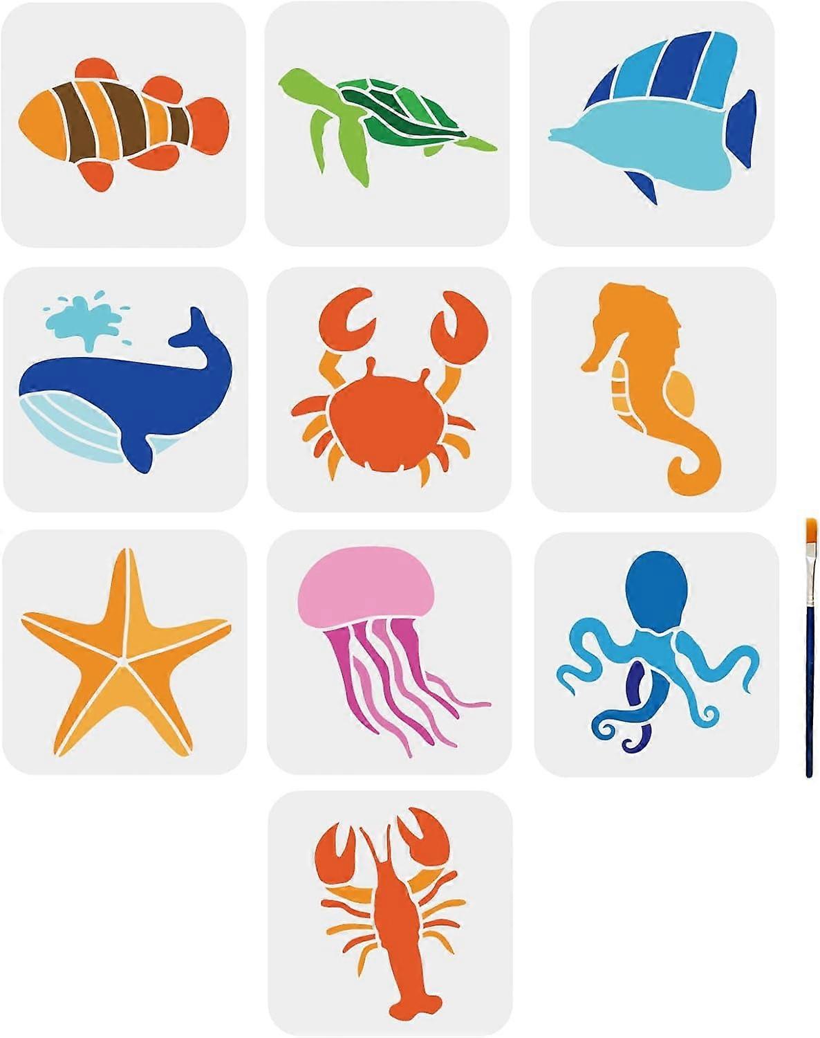 10pcs Sea Ocean Creatures Stencils 66inch Sea Life Stencils with Paint Brush
