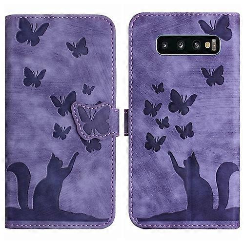 Till Samsung Galaxy S10+ Butterfly Cat Embossing Flip Läder Telefonväska