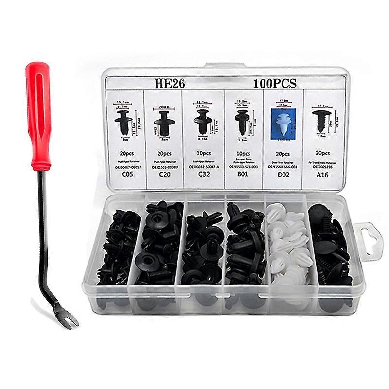 100Pc Plastic Rivets Fastener Fender Bumper Push Clips W / Removal Tool for