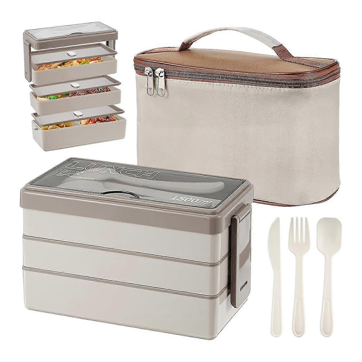 1500Ml Bento Box with Bag - 3 Layer Lunch Box with Cutlery Set, 4-In-1 Meal Prep Container Box with