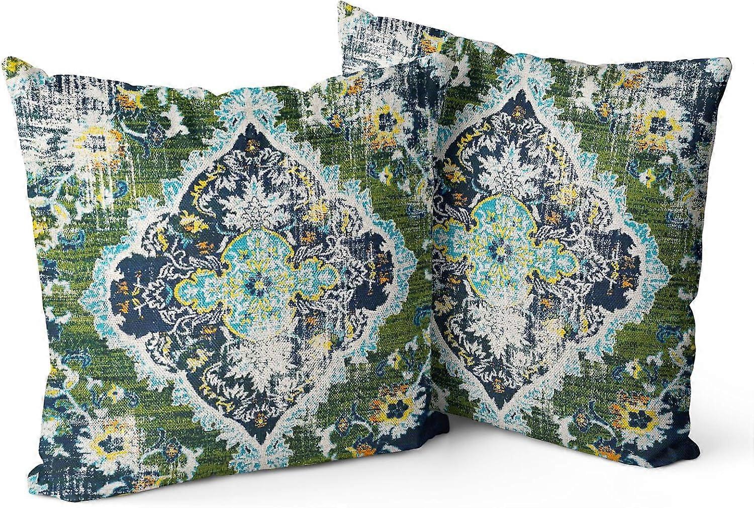 Set of 2 Boho Pillow Covers 18"x18" Green Bohemian Carpet Double Sided Pattern Linen Pillowcases Cushion Cover for Farmhouse Couch Sofa Bed Decorative
