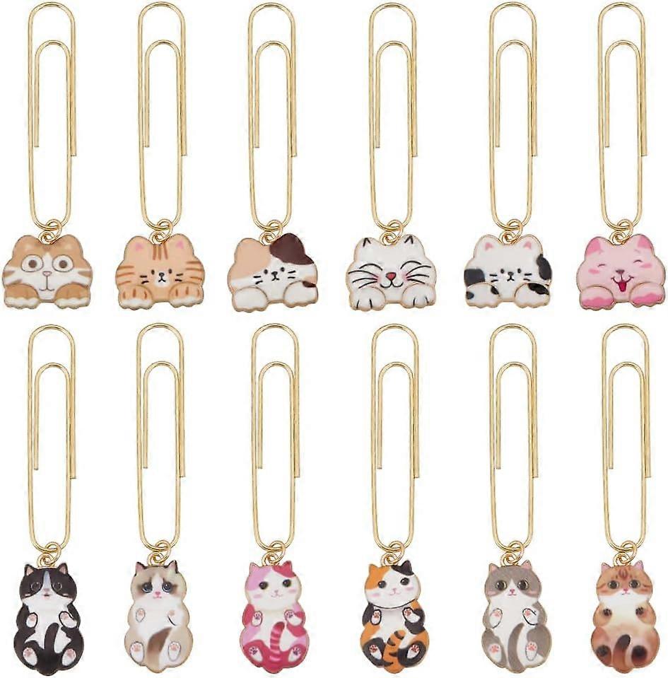 12Pcs Alloy Enamel Cat Pendant Paper Clips 2.6-2.9 Inch Creative Paper Clips Bookmark Lovely Animal Paperclip Cat Theme Bookmark with Paperclip for Of