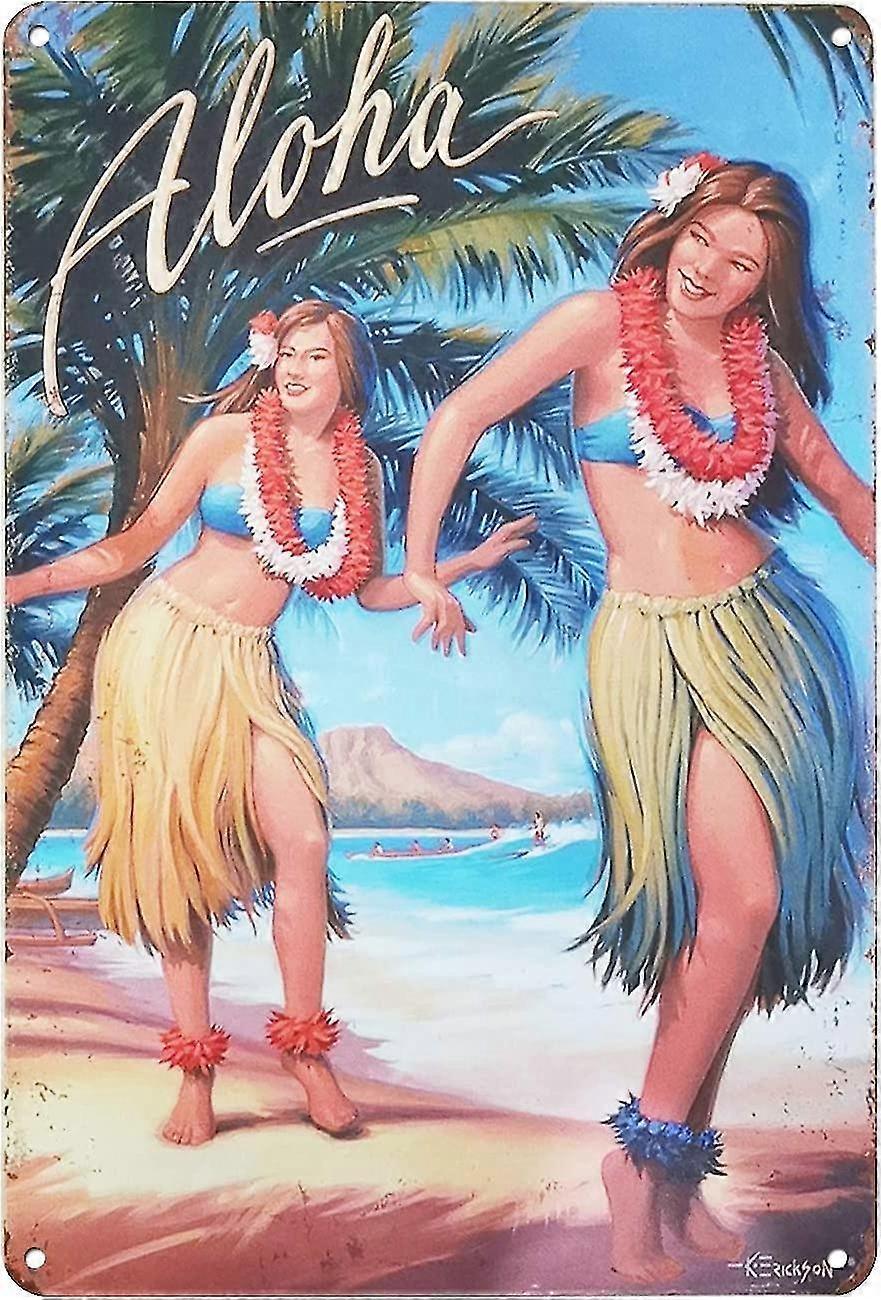 Vintage olhar engraçado metal sinal de lata 8x12 polegadas ou 12x16 polegadas, hula menina na costa Aloha Hawaii Sign, para L