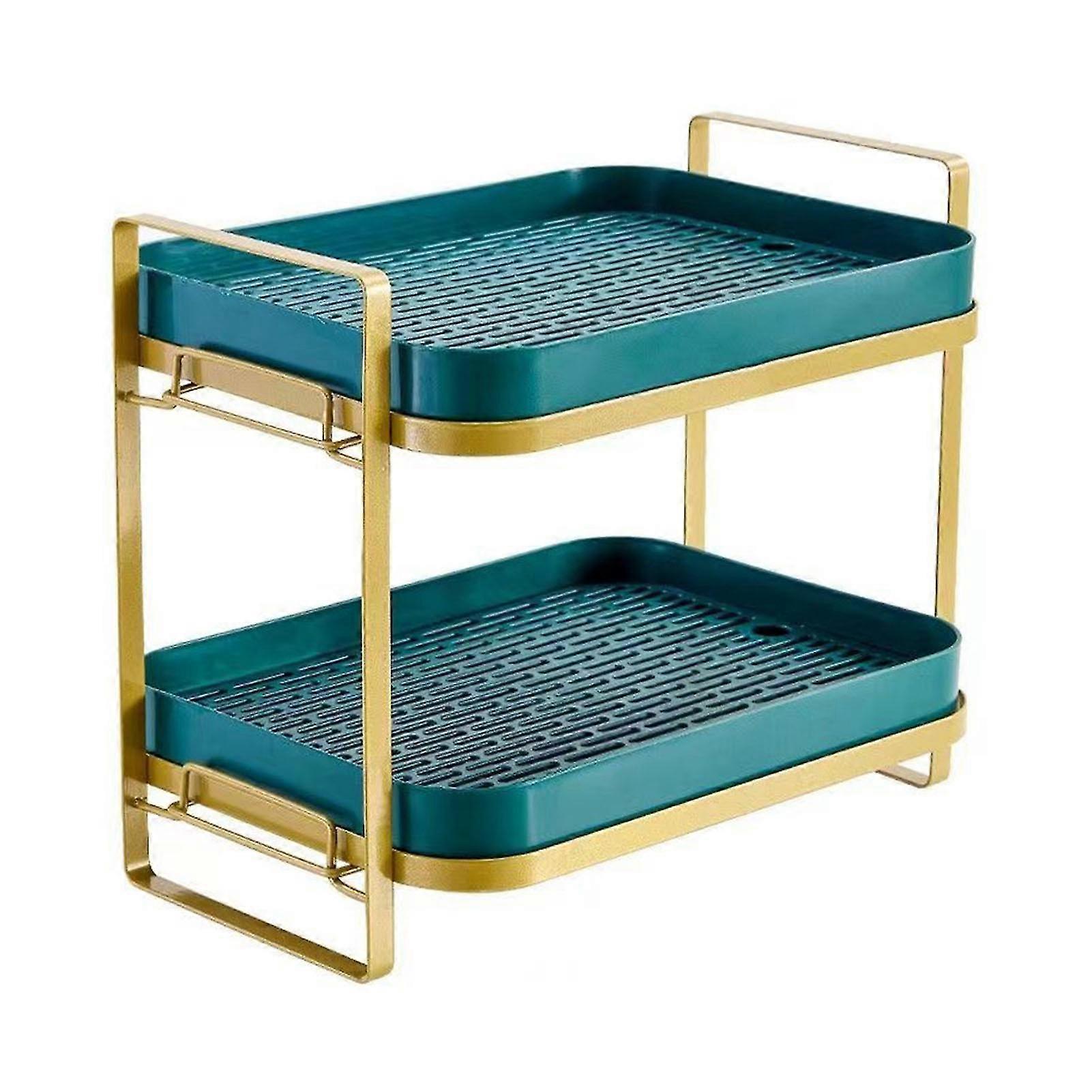 2 Tier Countertop Cups Mugs Drying Rack with Drain Tray - Gold and Green