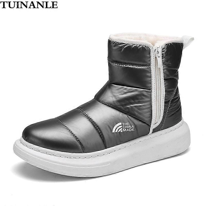 Snow Boots Women Winter Warm Plush Slip-on Silver Waterproof Zip