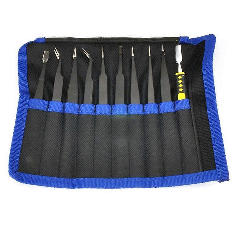 Anti-Static Tweezers Combination Set Cloth Bag 10-Piece Set Elbow Pointed Flat Head Precision Stainless Steel Tweezers.
