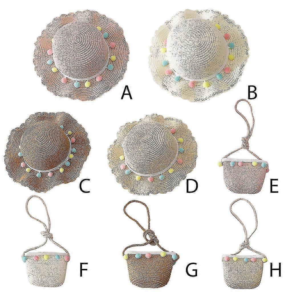 Toddler Kids Girls Woven Straw Hat Pompom Beach Et Cap