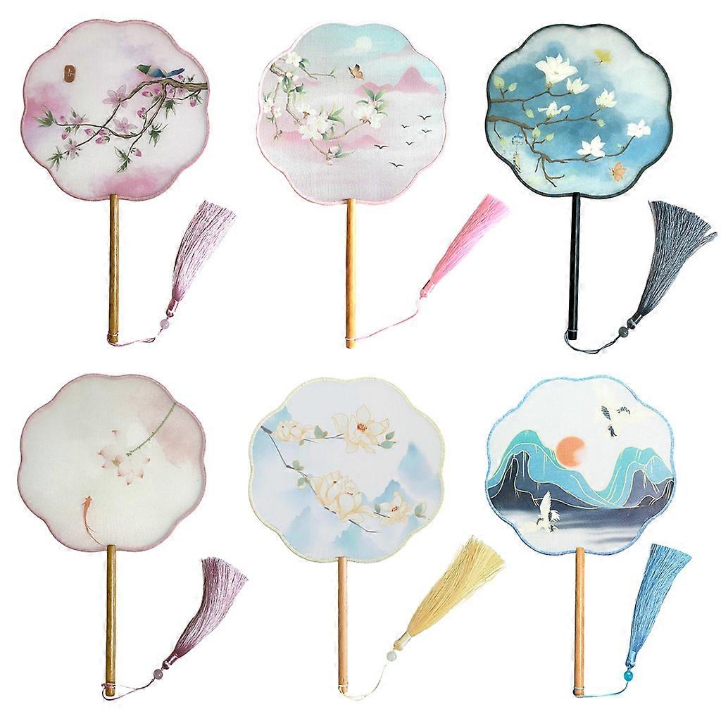 Chinese Style Antique Translucent Handheld Round Circular Fan Vintage Lotus Flower Print Dancing Paddle Hand Fans with Wooden Handle Tassel Random Col