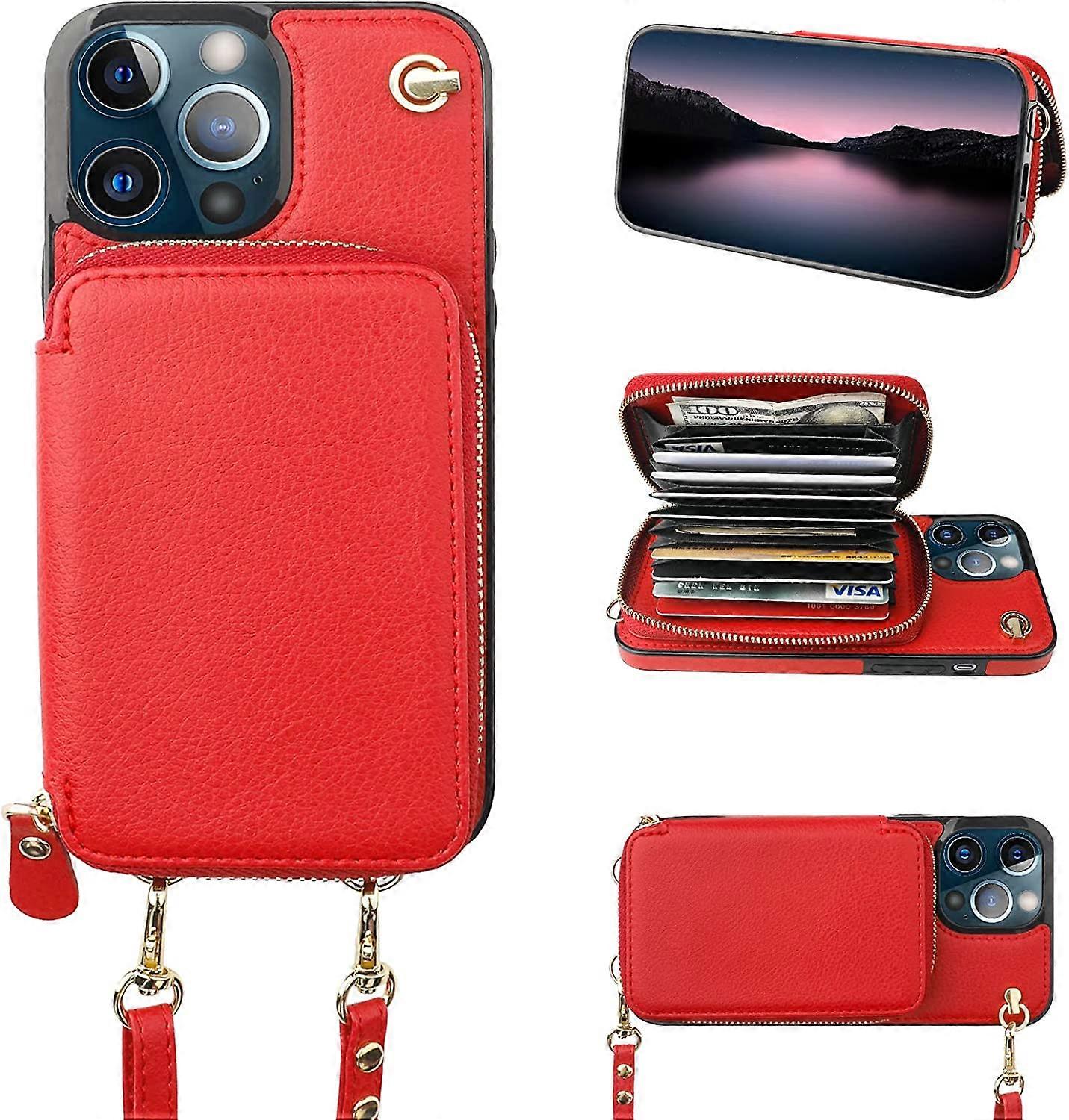 Crossbody Wallet Case for iPhone 13 Pro Max, RFID Blocking Leather Purse Case with Card Holder, Protective Handbag Flip Cover with Zipper Wrist Strap 