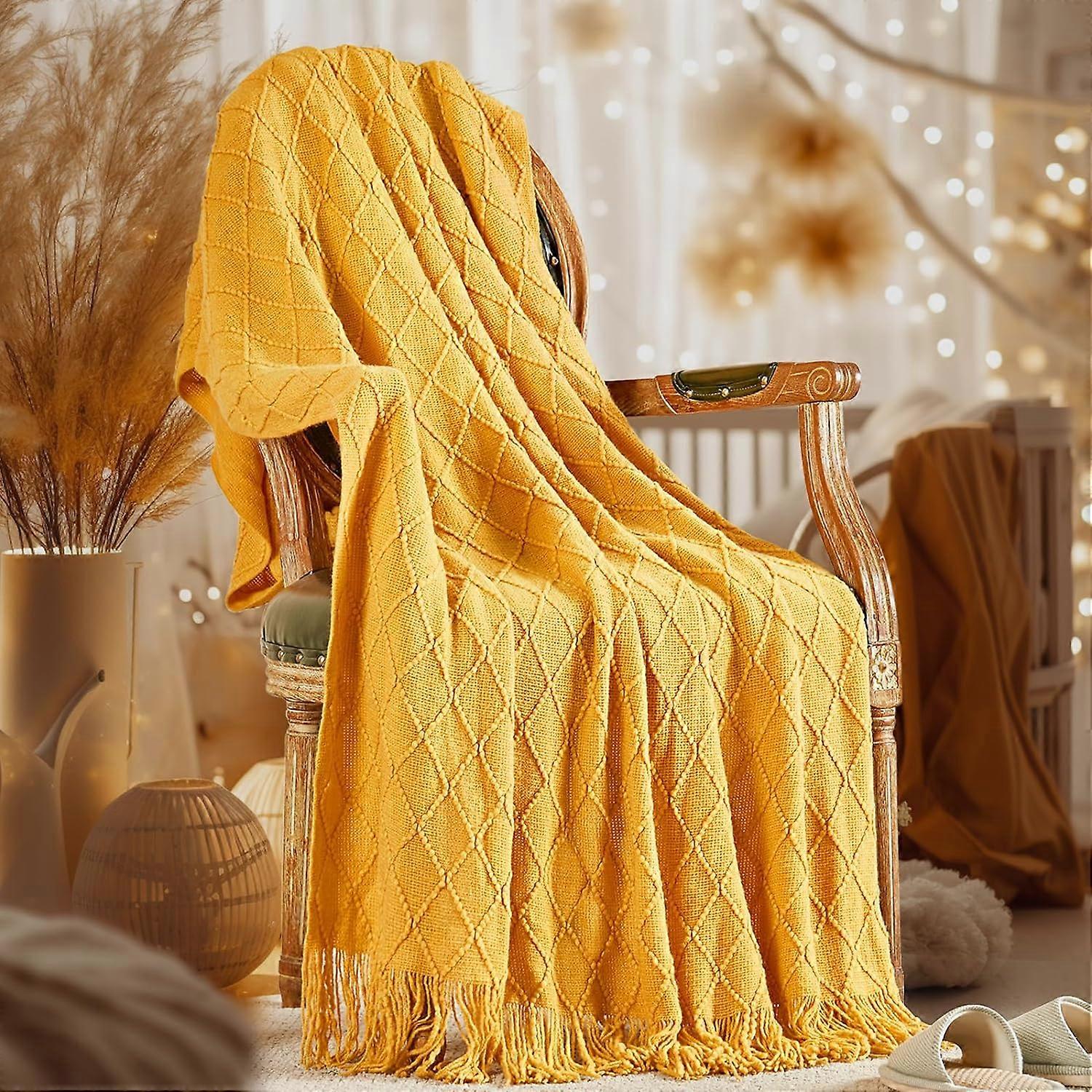 Knitted Throw Blankets for Couch and Bed, Soft Cozy Knit Blanket with Tassel, Off White Lightweight Decorative Blankets and Throws, Farmhouse Warm Wov