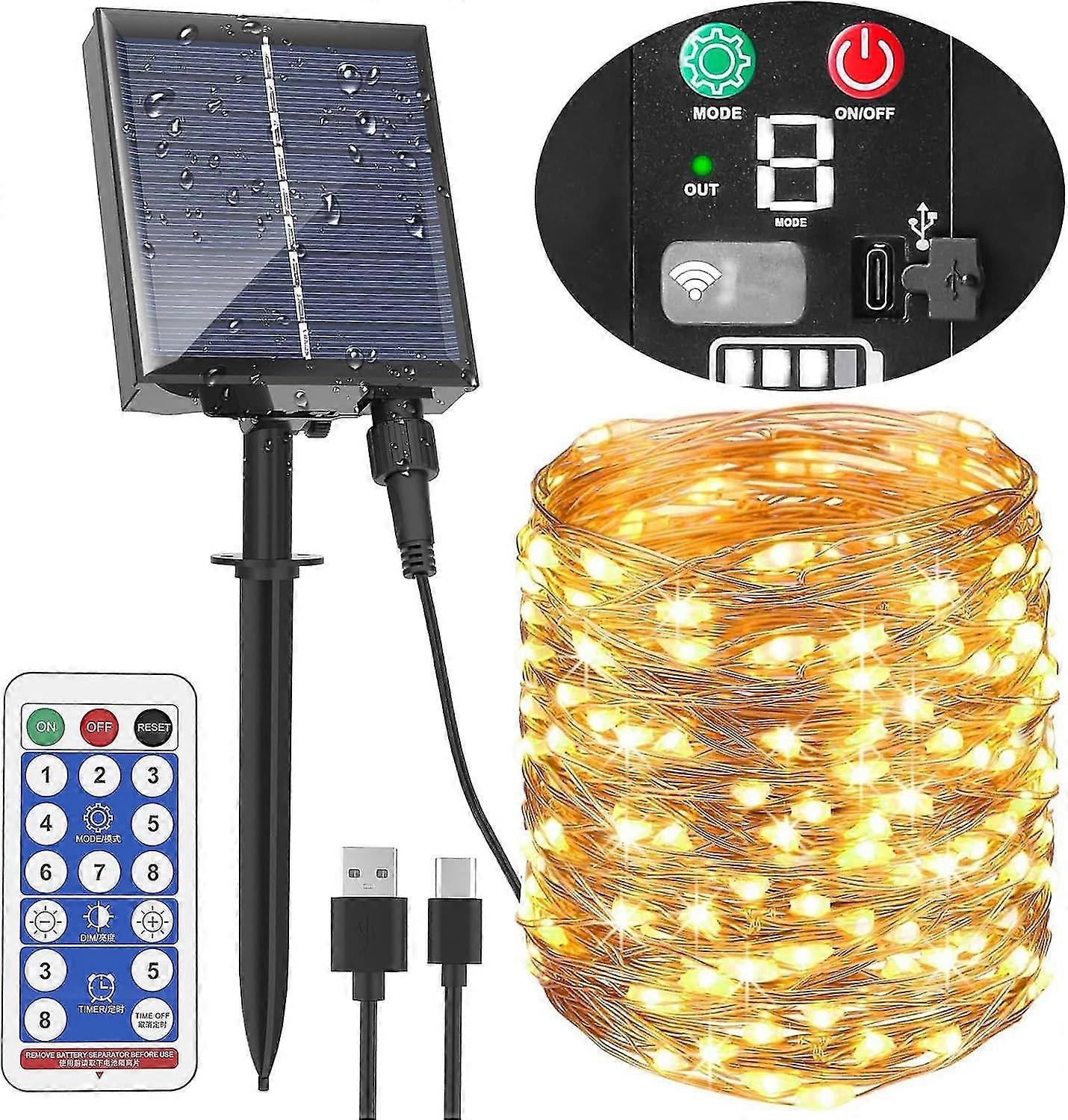 Auoplus Solar Outdoor Fairy Lights - 2x20m 200 Led String With 8 Modes Remote Control Timer Type-c Charging And Ip65 Waterproof For Patio Yard Christm