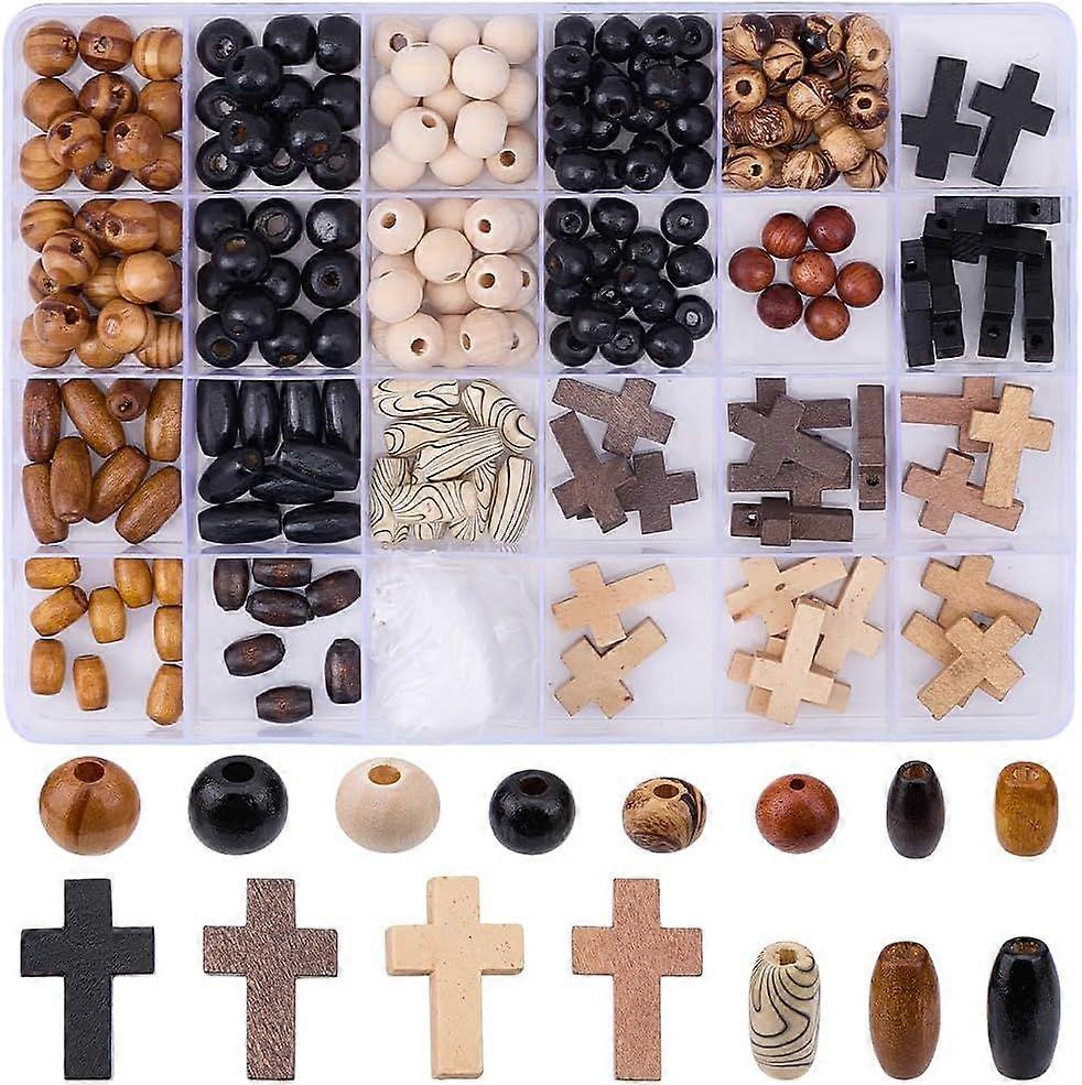 1 Box 290Pcs Cross Wood Beads Kit Easter Wooden Cross Beads Crucifix Mini Crosses Cross Bead Charms Wooden Round Spacer Beads for Jewelry Making DIY E