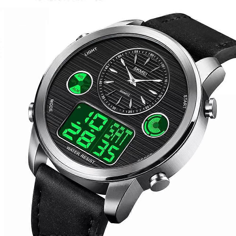 Men Digital Watch Date Week Luminous Display Stopwatch Countdown Leather Strap Dual Display Watch