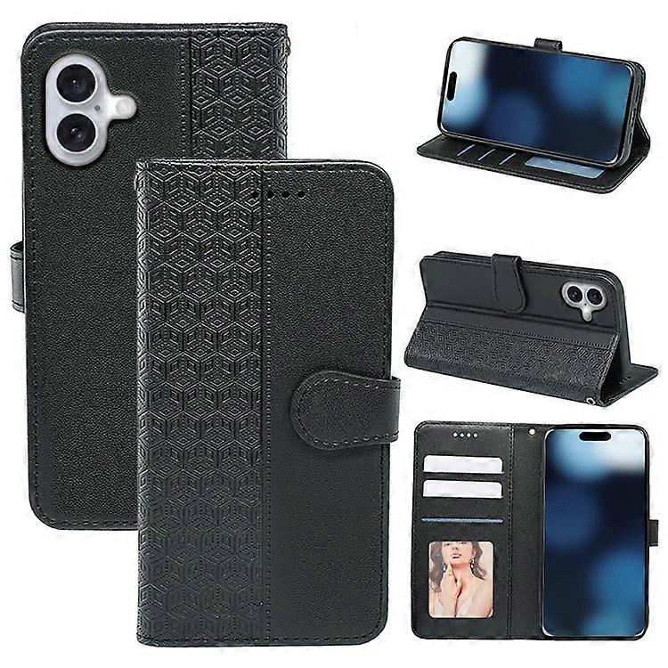Compatible For iPhone 16 Plus Case Cubic Grid Leather Phone Cover with Viewing Stand