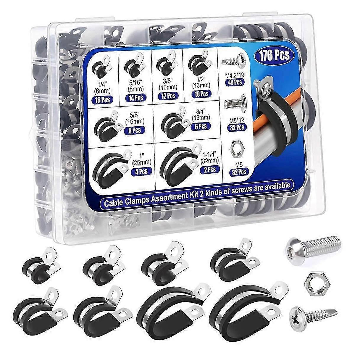 176Pcs Cable Clamps Set, 8 Sizes Rubber Insulated Clamps with 72Pcs Screws, for Wire Cord Automotiv