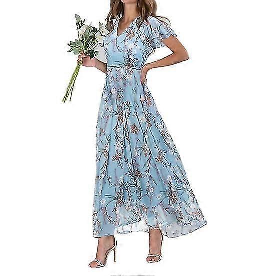 V-neck Ruffle Short Sleeve Maxi Dress Waist Tight High-waist Flowy Hem  Sweet Floral Print Chiffon Dress Female Clothing