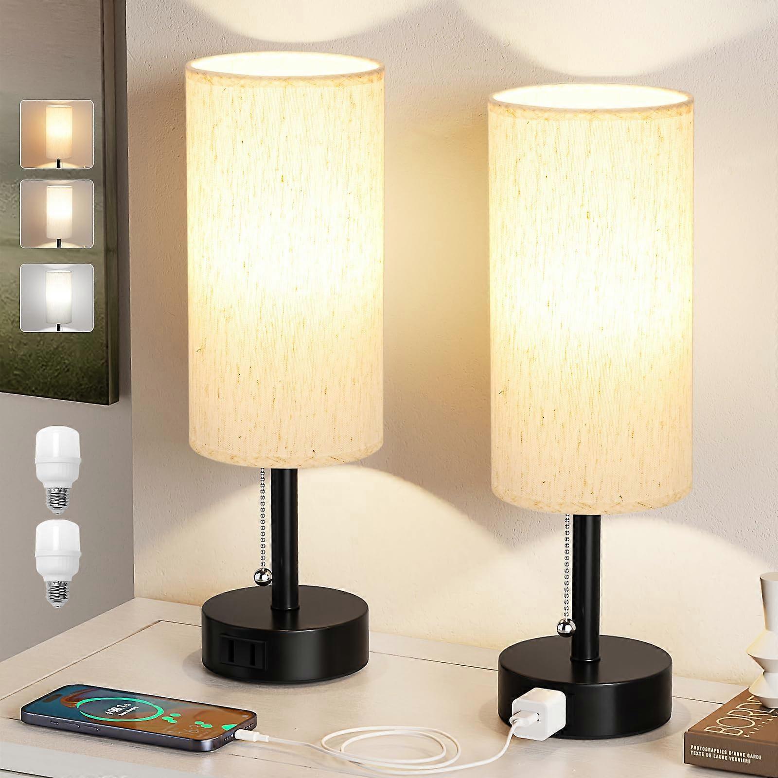 2 Set Small Round Bedside Table Lamps for Bedroom Guest Room
